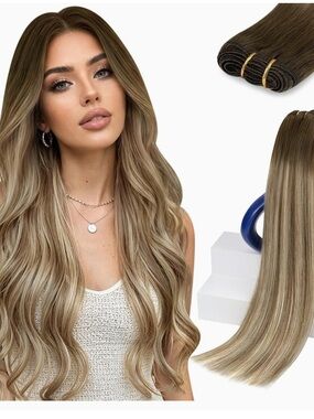 Cool Brown Ombre Blonde Sew in Double Weft Hair Extension 20 Inch 100g #3/8/22